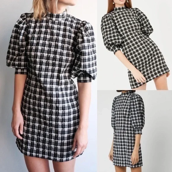 GANNI Houndstooth Black & White Cute Checkered Dress - Picture 2 of 16